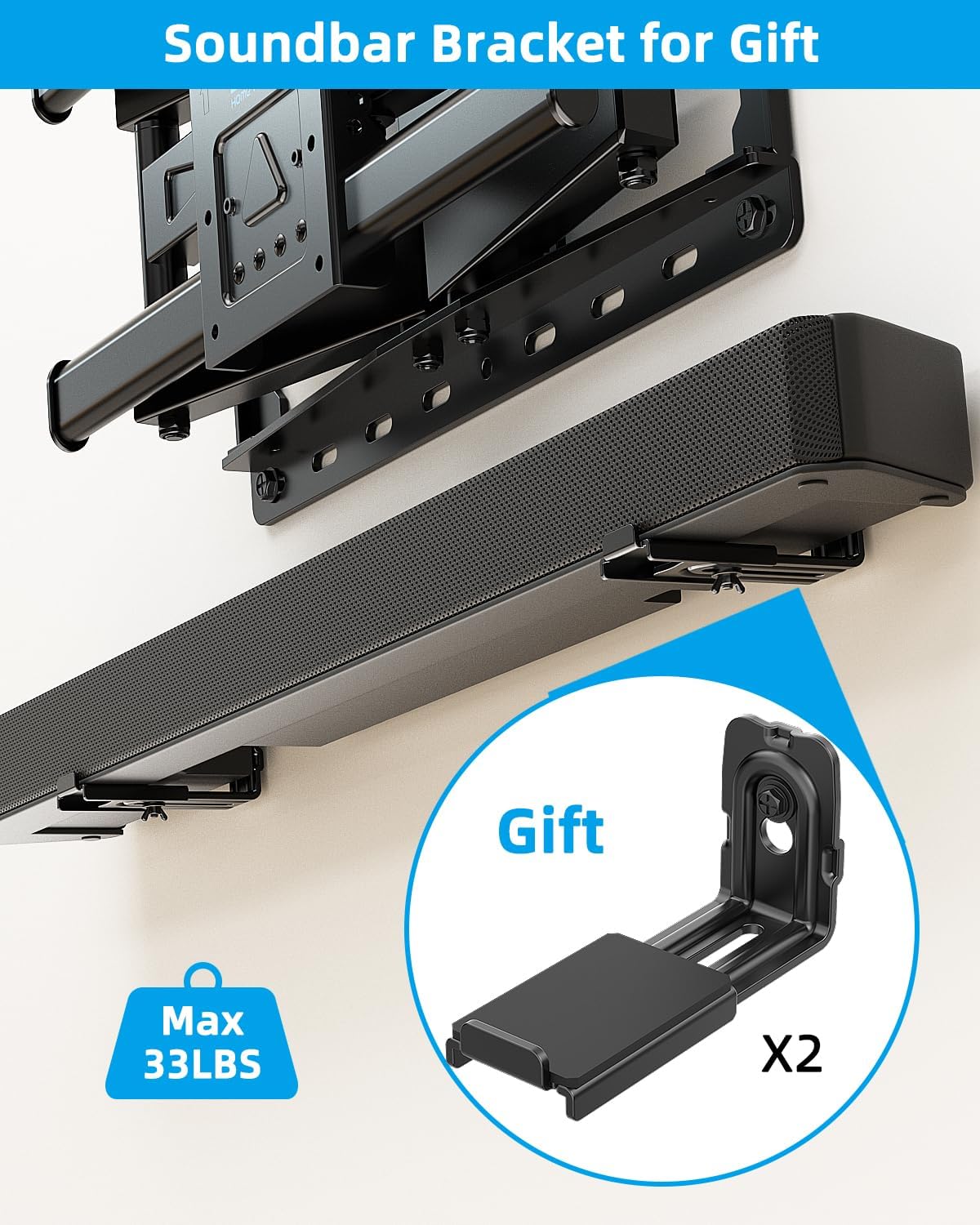 HOME VISION TV Wall Mount for 32-70 Inch TV with Soundbar Bracket, Full Motion TV Mount with Articulating Dual Arms, Swivel and Tilt, TV Bracket Fits 8" 12" 16" Stud, Max VESA 400X400mm, Up to 132lbs - Image 3