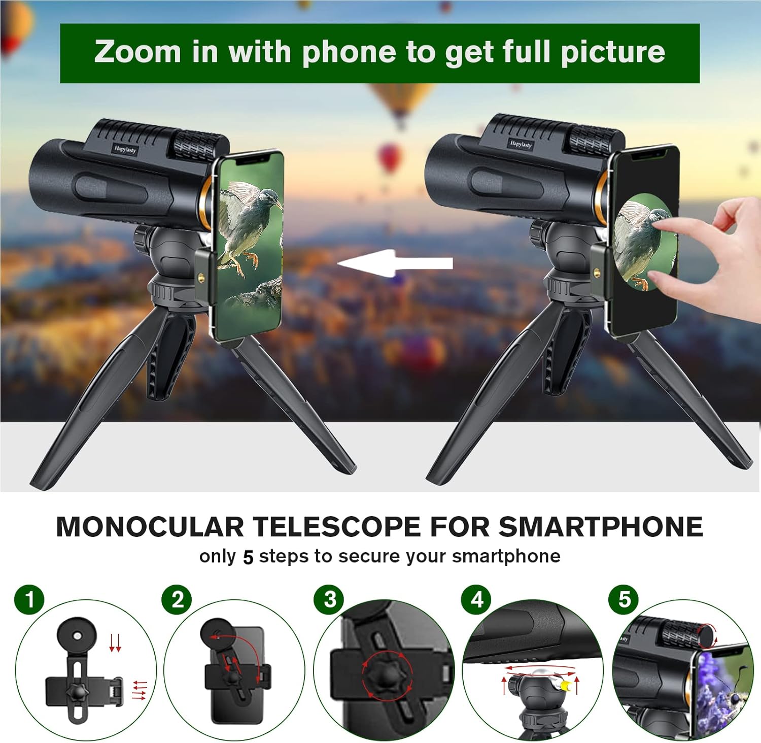 12x50 HD Monocular Telescope with Smartphone Adapter, Upgraded Tripod, High Power Monocular with Clear Low Light Vision for Adults, FMC BAK4 Prism, Gear for Hunting Bird Watching - Image 6