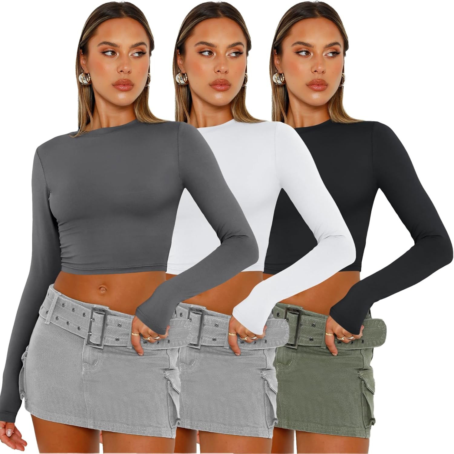 AUTOMET 3 Pack Womens Long Sleeve Shirts Y2K Going Out Crop Tops Cute Basic Slim Fitted Fall Fashion Outfits 2025 Clothes - Image 3