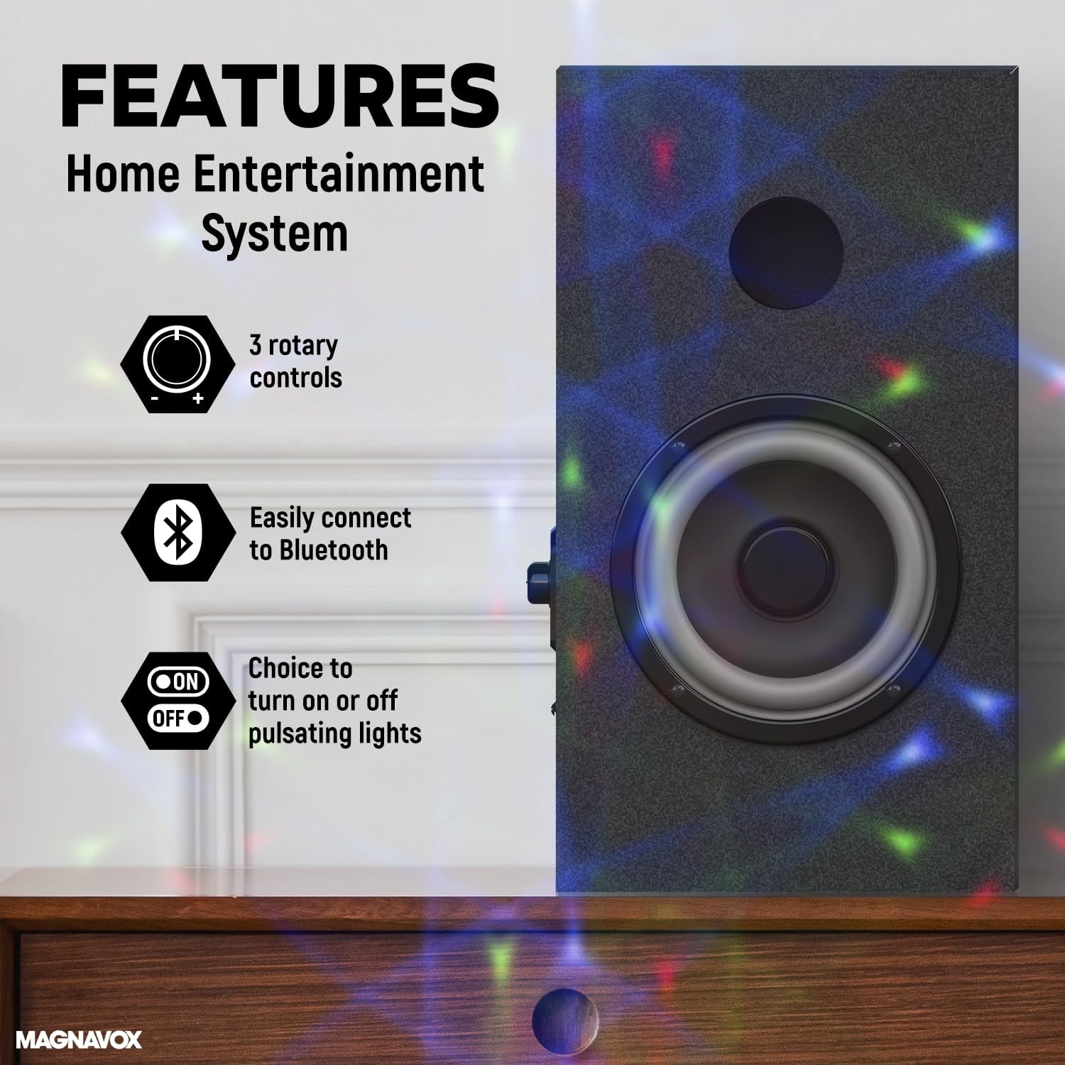Magnavox MHT990 2.1 Home Entertainment System with Bluetooth Wireless Technology and Color Changing Lights in Black | AUX Port | Subwoofer with 2 Speakers | Pulsing Lights | - Image 4