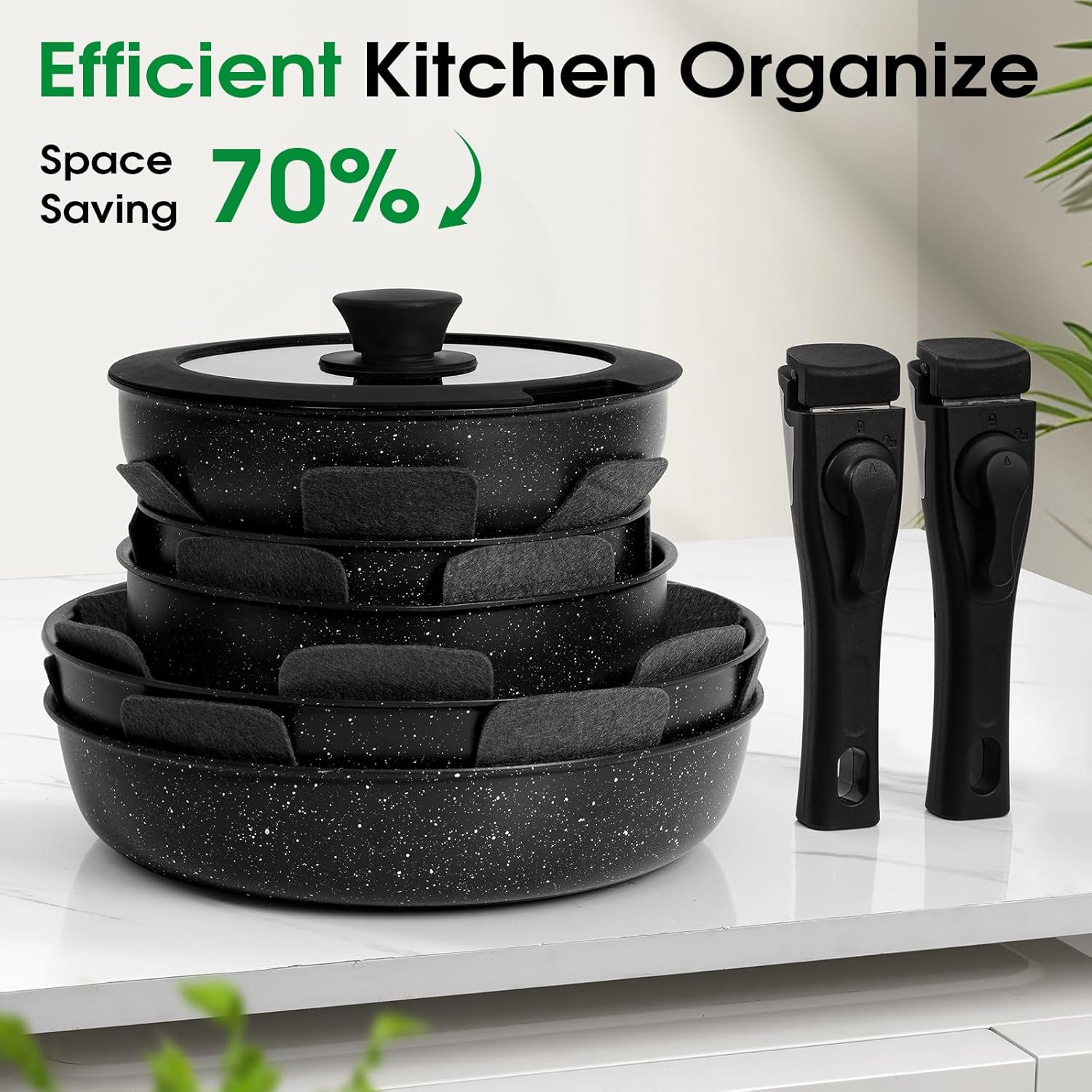 15Pcs Pots and Pans Set Non Stick, Cookware Sets with Detachable Handle, Nonstick RV Kitchen Cooking Tools Removable Handles, Oven Safe, Induction Fast, Stackable Induction Cookware,Black - Image 5