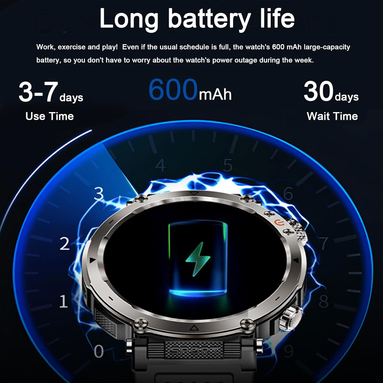 Military Smart Watches for Men, Smartwatch Sport LED Flashlight Outdoor Compass Bluetooth Answer/Dial Call 1.7" Fitness Tracker 600 mAh Large Battery Two Straps for Android/iOS - Image 9