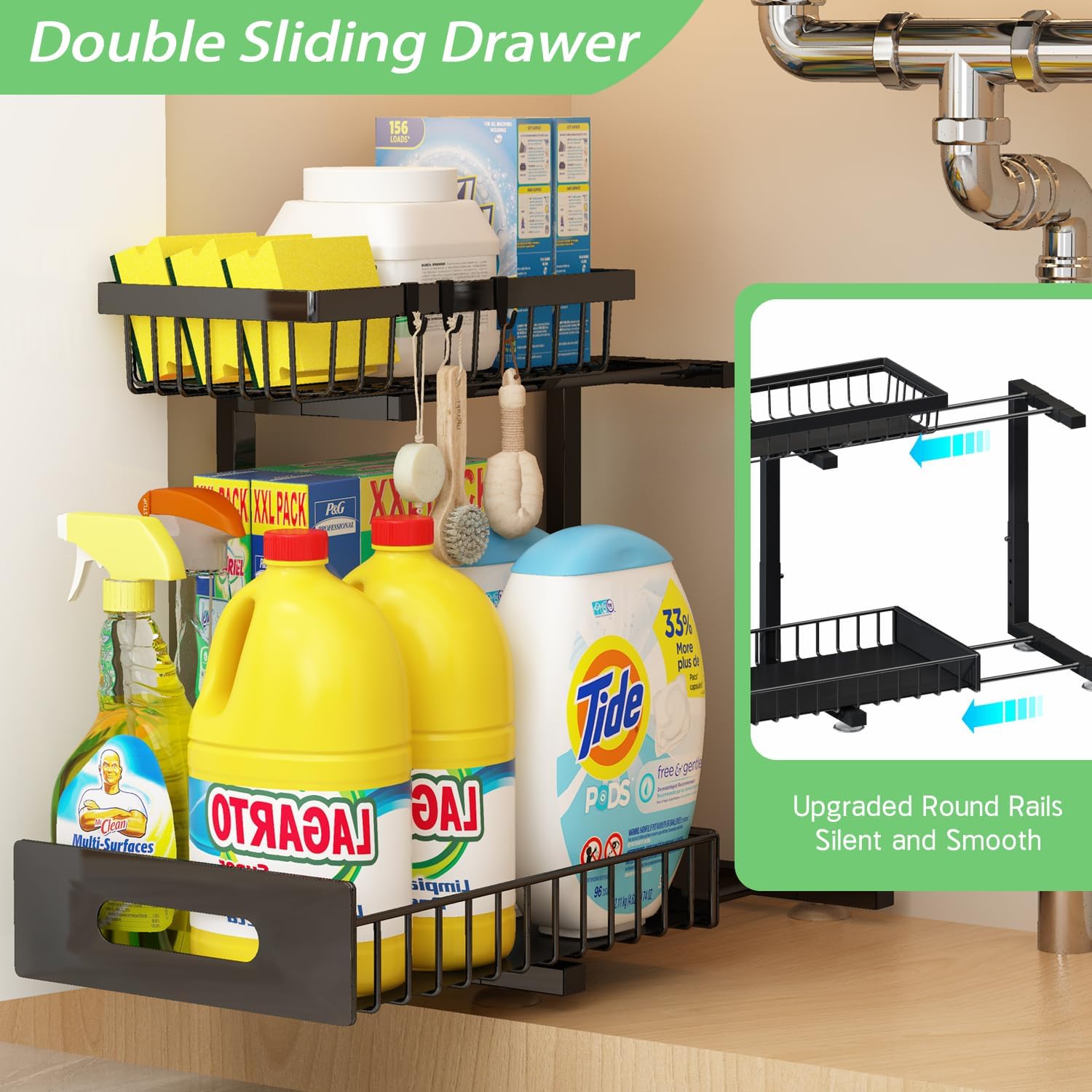 Under Sink Organizer, Adjustable Shelves, 2 Pack Pull Out Cabinet Organizer Slide Out Sink Shelf Cabinet Storage Shelves, Under Sink Storage for Kitchen Bathroom Cabinet - Image 5