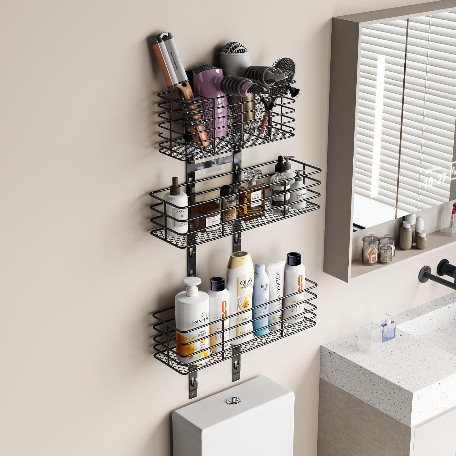 5-Tier Over The Door Bathroom Organizer - Hair Dryer Holder - Hair Tool Organizer Adjustable Height, DIY Bathroom Storage Shelf Wall Mounted for Flat/Curling Irons, Hair Straighteners, Skincare - Image 5