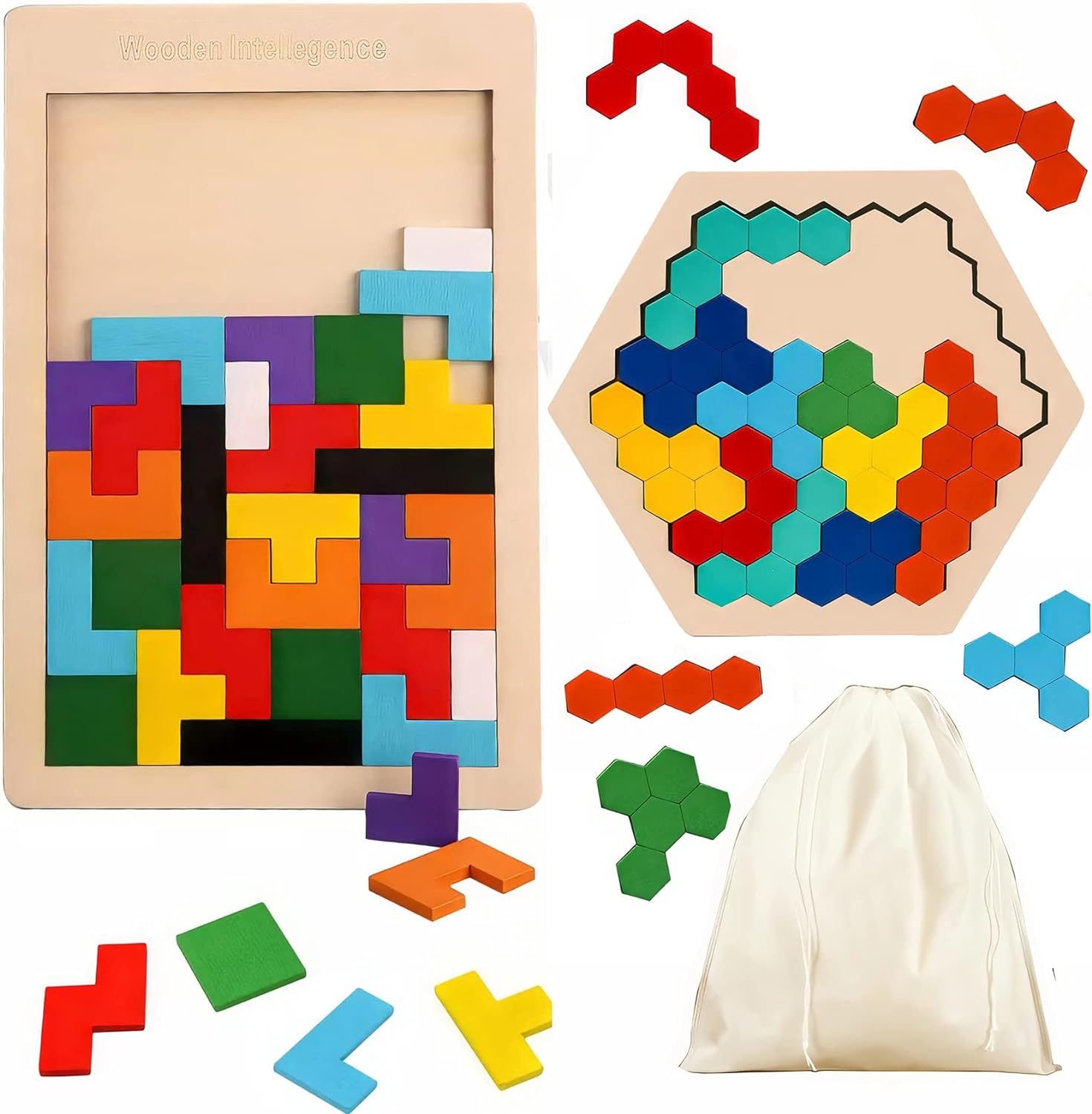 AUKEXIY 2 Pack Wooden Russian Blocks Puzzle & Hexagon Puzzles for Kids & Adults, Wooden Block Puzzle Intelligence Brain Teasers Toy Logic Game STEM Educational Gift for Children - Image 2