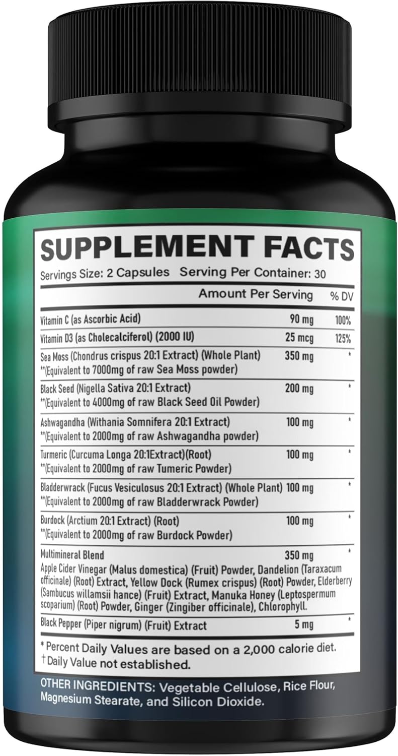 Sea Moss Capsules - Organic Irish Sea Moss Black Seed Oil Ashwagandha Ginger Burdock Root Bladderwrack Turmeric Black Pepper Vitamin C Vitamin D3-60 Veggie Capsules - Image 6