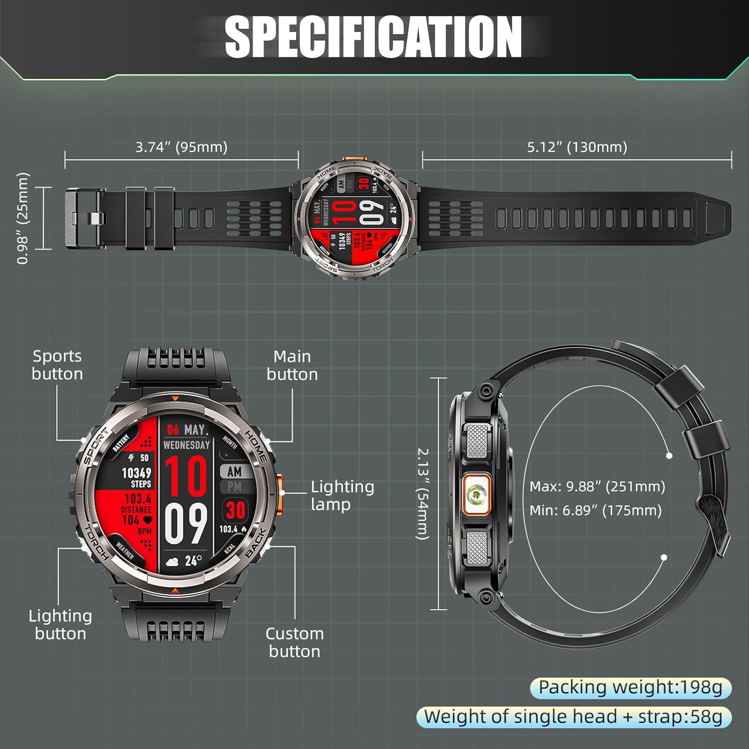 Military Smart Watch for Men with Call/LED Flashlight/3ATM Waterproof 1.45" HD Rugged Tactical Smartwatch with Compass Elevation Barometer Fitness Tracker with HR/SPO2/Sleep Monitor for iPhone Android - Image 9