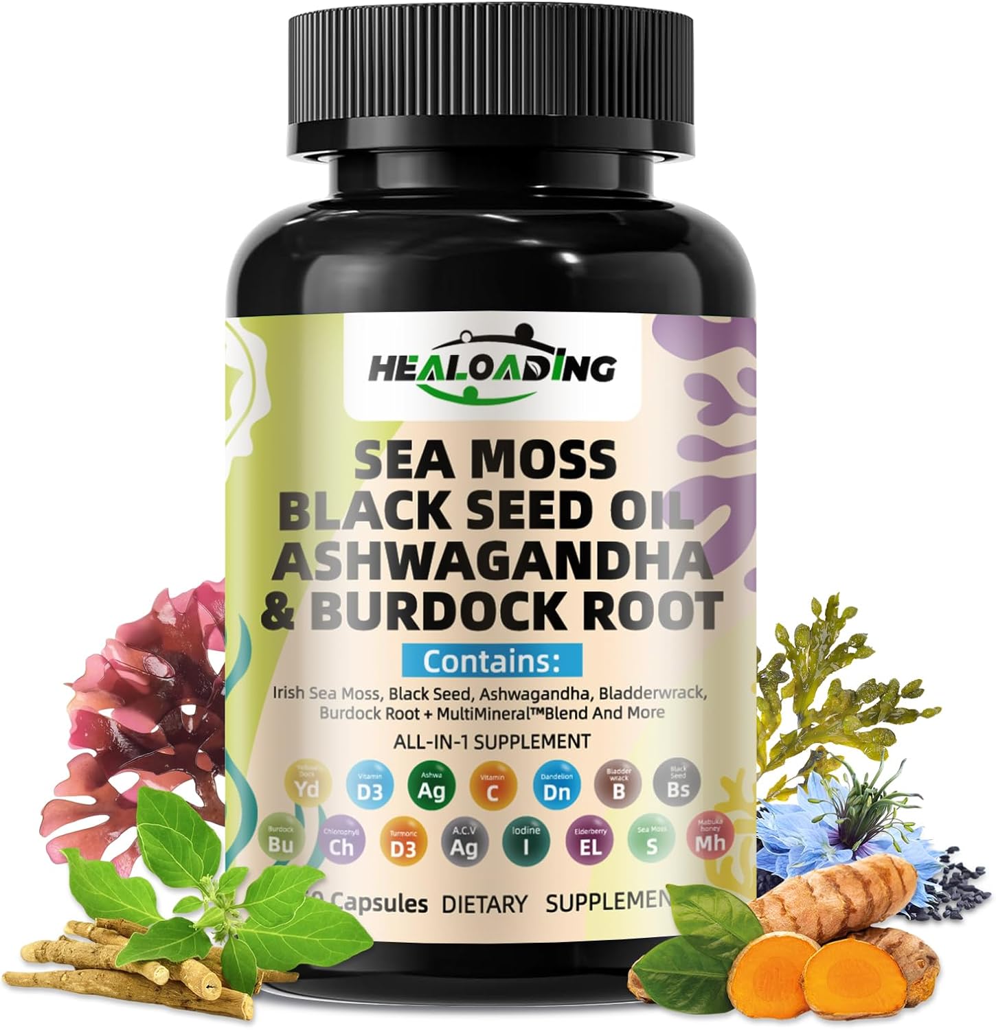 Sea Moss Capsules with Black Seed Oil, Ashwagandha, Turmeric, Bladderwrack, Burdock, Vitamin C&D3 for Immune System, Skin and Energy Support - Image 2