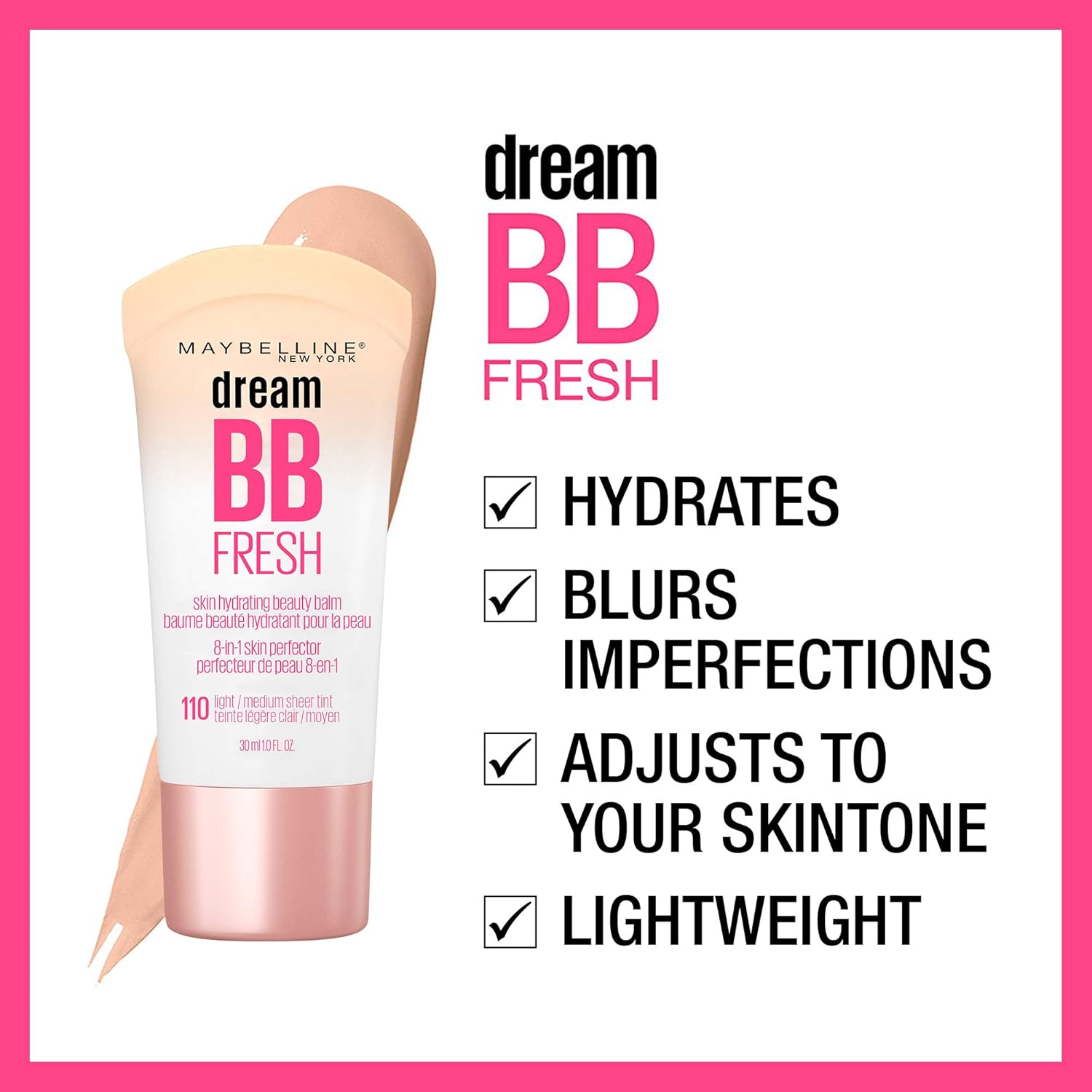 Maybelline Dream Fresh Skin Hydrating BB cream, 8-in-1 Skin Perfecting Beauty Balm with Broad Spectrum SPF 30, Sheer Tint Coverage, Oil-Free, Medium, 1 Fl Oz - Image 3