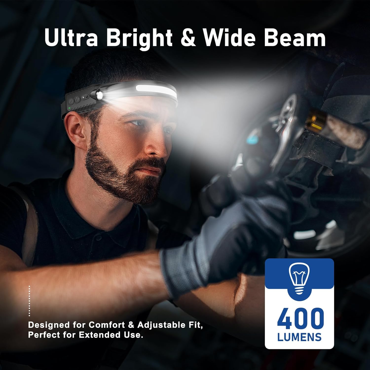 Headlamp Rechargeable (3-Pack), LED Head Lamp Flashlight, 230° Wide Beam Headband Light, 400 Lumen Super Bright, Waterproof Headlight, Motion Sensor, 5 Modes for Running, Fishing, Hiking, Camping - Image 3