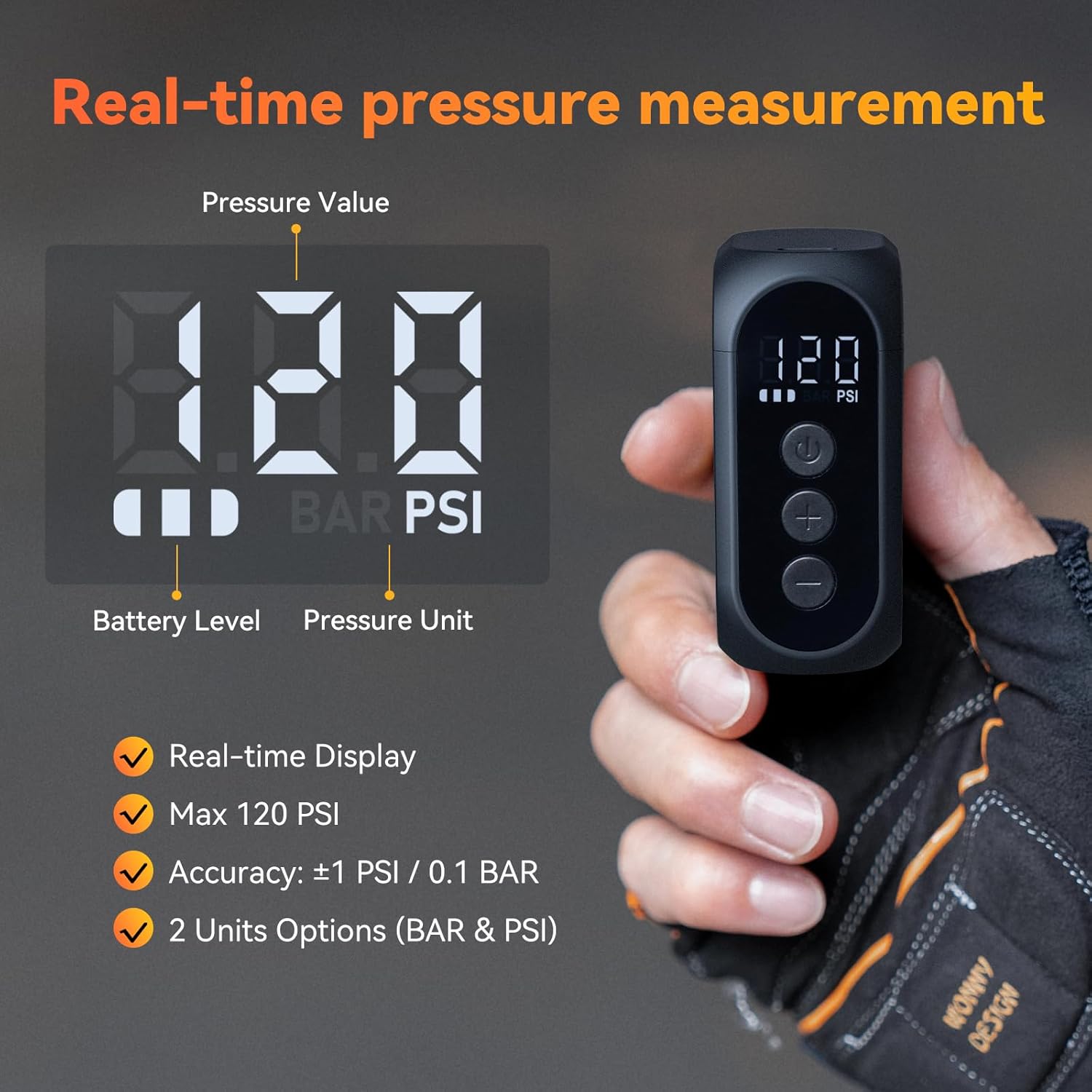 Tiny Pump Bike Pump with Gauge Portable Ultra-Mini 120PSI Electric Bicycle Pump Type-C Rechargeable Battery - Image 3