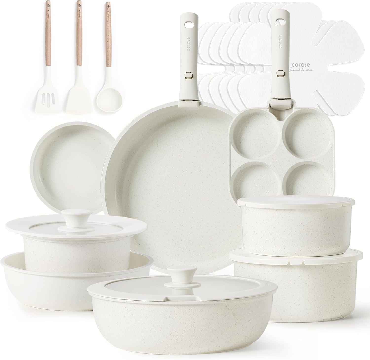 CAROTE 23pcs Pots and Pans Set Non Stick, Cookware Sets, Kitchen Set, Oven/Dishwasher/Fridge Safe, Space Saving Pots Set, Nonstick Set with Versatile Detachable Handle, Induction RV Set, Cream - Image 2