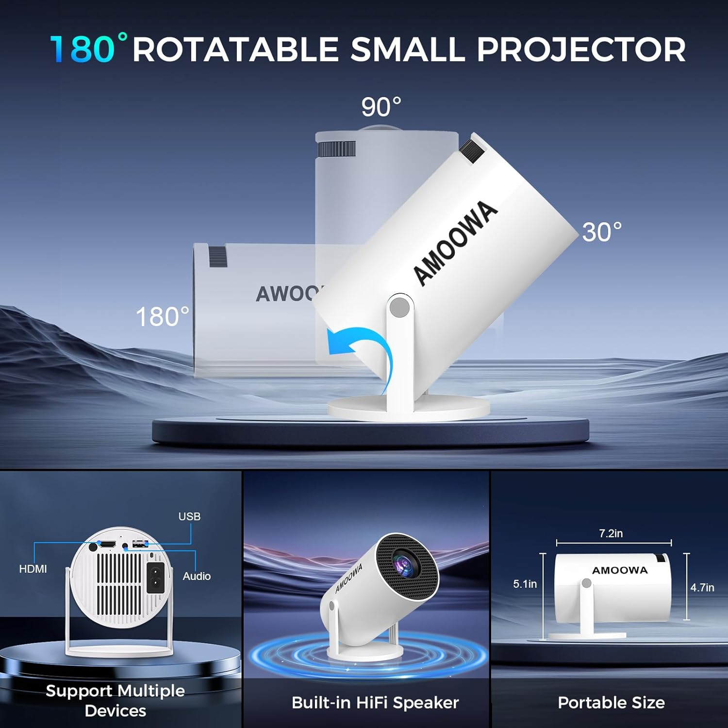 Portable 4K Mini Projector with WiFi and Wireless Bluetooth, Smart Proyector with Android 11, Projector with apps built in, 270° Rotatable, Auto Keystone,35"-130" Screen,Projector 4K Ultra HD - Image 6