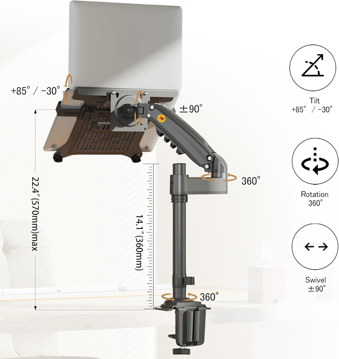 NB North Bayou Laptop Mount with Adjustable Tray for 10-17” Notebook, Full Motion Arm with VESA Plate for 17-30” Monitor (Within 4.4~19.8lbs),Clamp-on Grommet Mounting H100-FP - Image 3