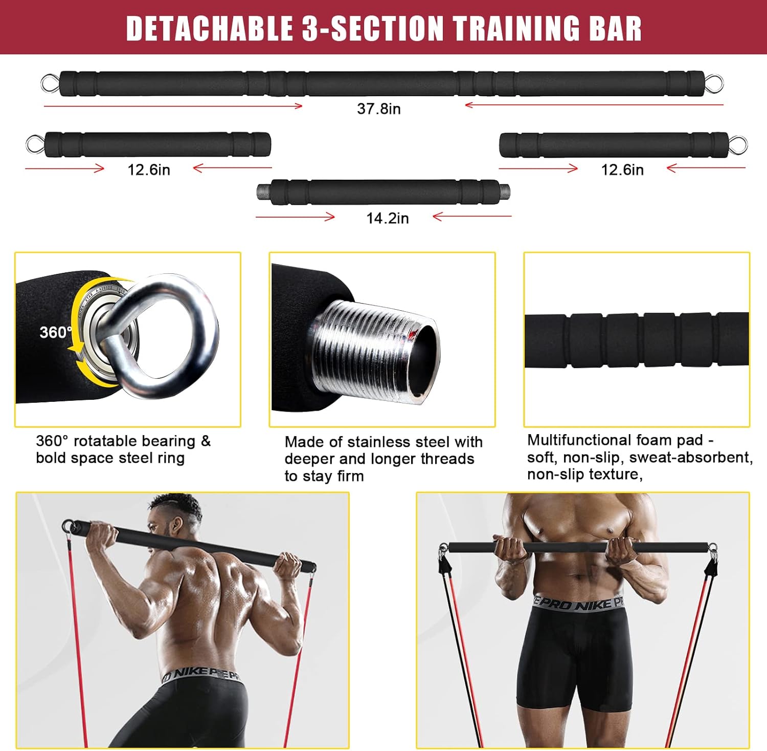 Home Gym Exercise Equipment - Portable Workout System 17 Fitness Accessories 9 in1 Push Up Board Set, Resistance Bands with Pilates Bar Strength Training Abs Shoulders - Image 6
