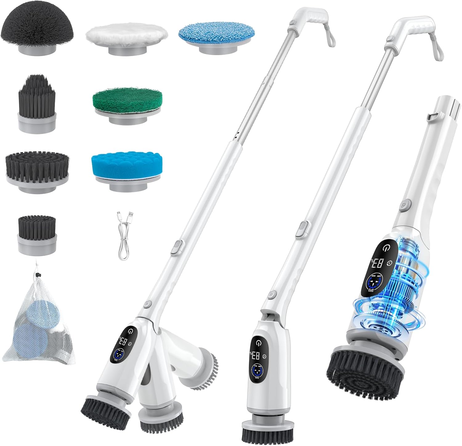 Electric Spin Scrubber, 2025 Upgraded Cordless Bathroom Scrubber, Aluminum Alloy Telescopic Handle, IPX7 Bathtub Electric Cleaning Tool, 3 Speeds Shower Cleaner Brush, 8 Brush Heads, LED Display - Image 2