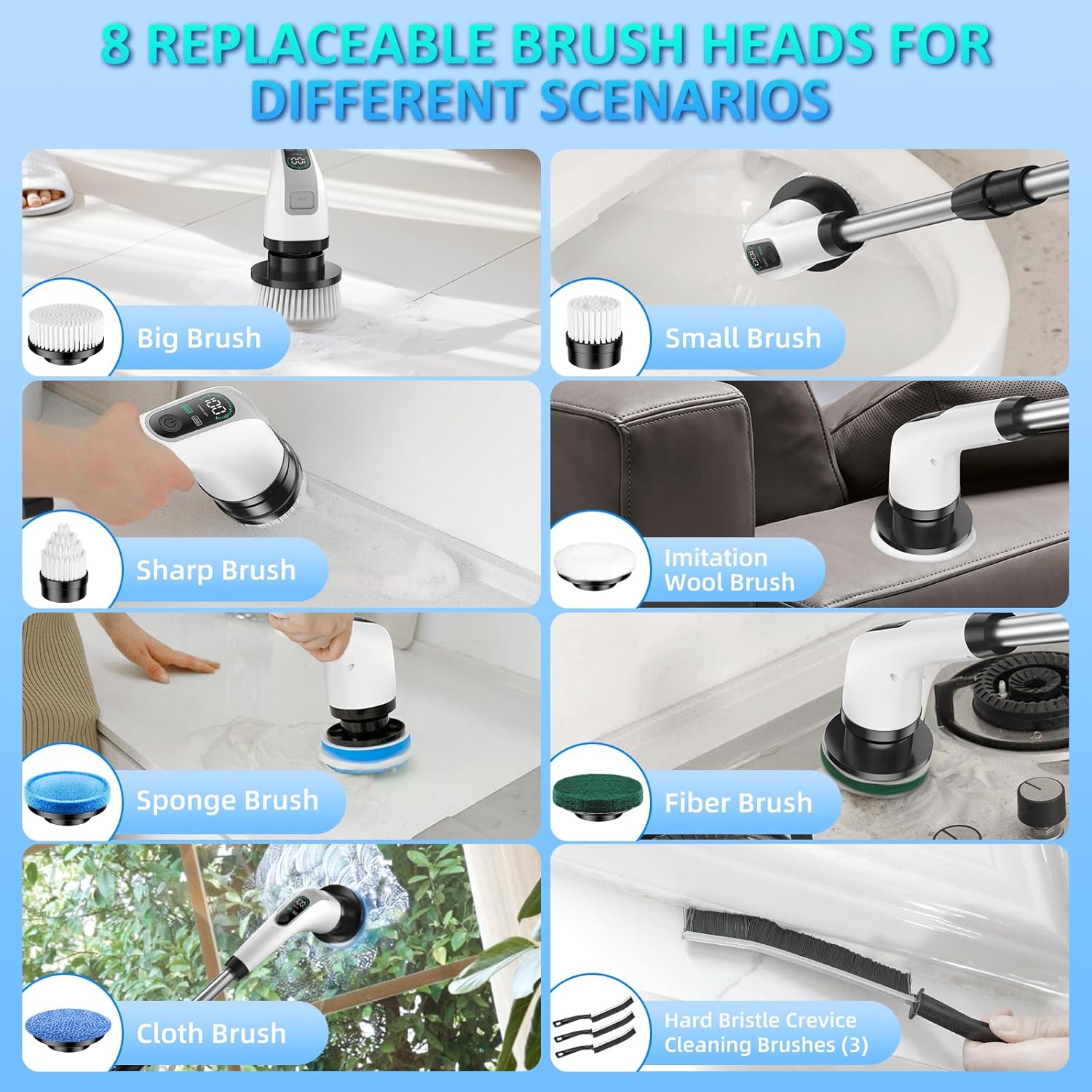 Electric Spin Scrubber, IPX7 Waterproof Power Shower Scrubber with Extension Handle, 7 Replaceable Brush Heads & 3 Hard Bristle Crevice Cleaning Brushes Cleaning Supplies for Bathroom Tub Tile Floor - Image 8