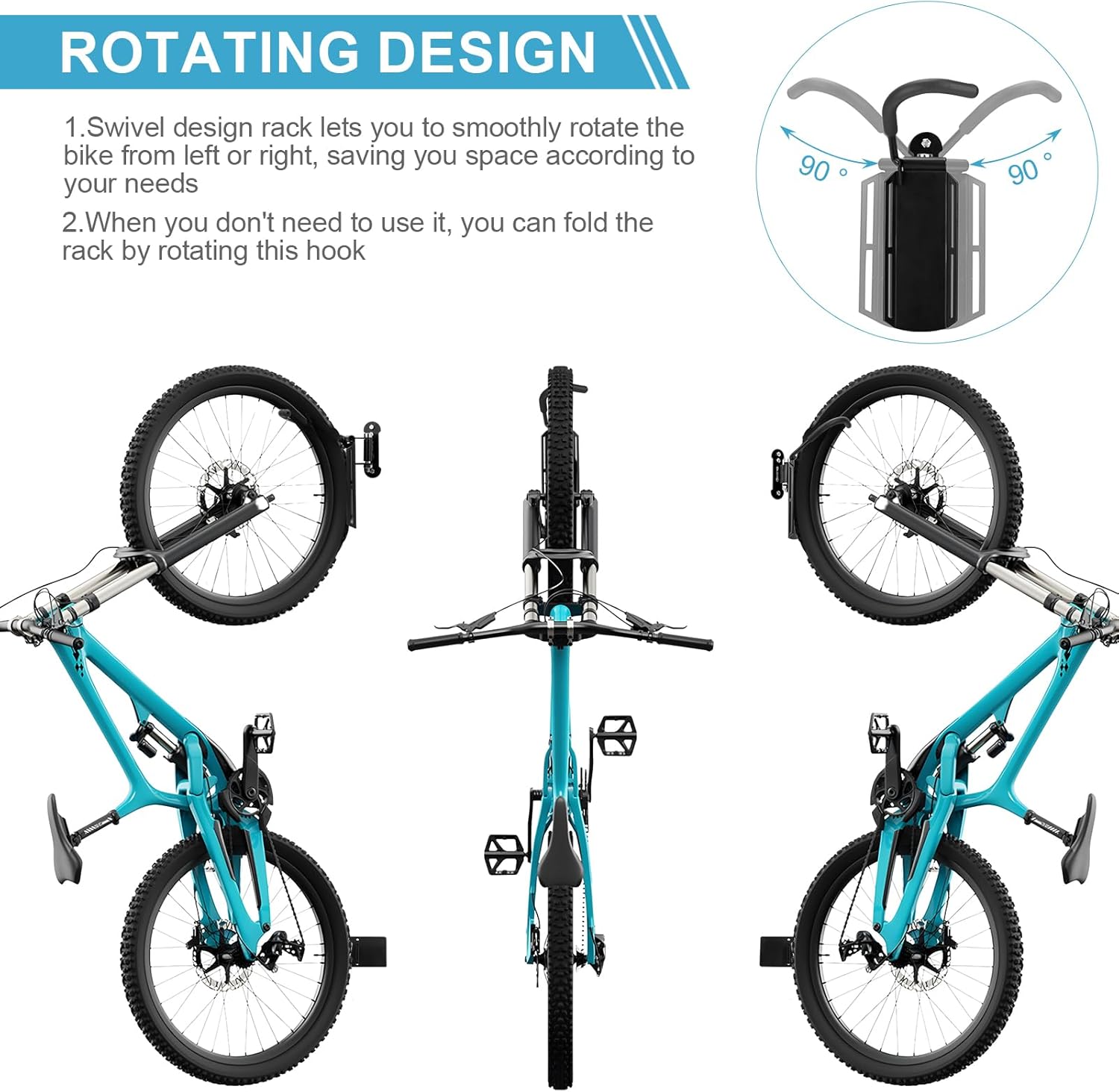 Lunies Swivel Bike Rack Wall Mount, Hanging Bike Hook for Garage, Space Saving Bike Hanger Holder with Rear Pad Stopper, Indoor Bike Organizer for MTB, Road, Mountain Bicycle, Hybrid Bikes(single) - Image 4