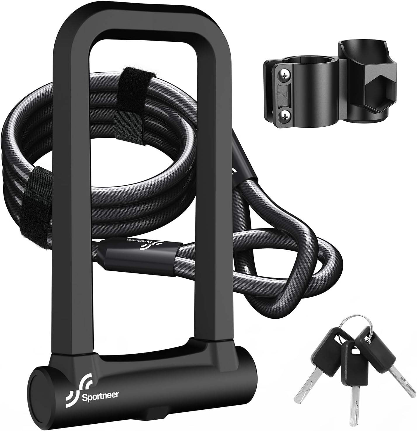 Sportneer Bike Lock: 18mm Heavy Duty Anti Theft Bike U Lock with 5ft Security Steel Cable - Shackle Bicycle U-Locks with 3 Keys & Sturdy Mounting Bracket for Road, Mountain, Electric & Folding Bike - Image 2