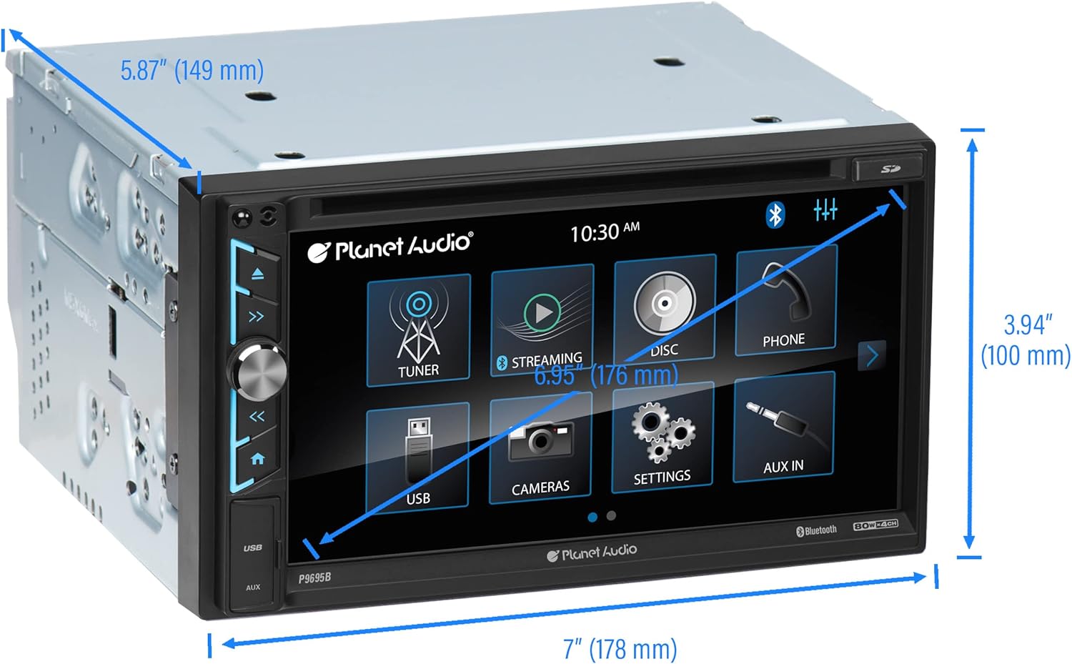 Planet Audio P9695B Car Stereo System - A-Link (Screen Mirroring), 6.95 Inch Double Din, Touchscreen, Bluetooth Audio and Calling Head Unit, AM/FM Radio Receiver, CD Player, USB, Hook Up To Amplifier - Image 4