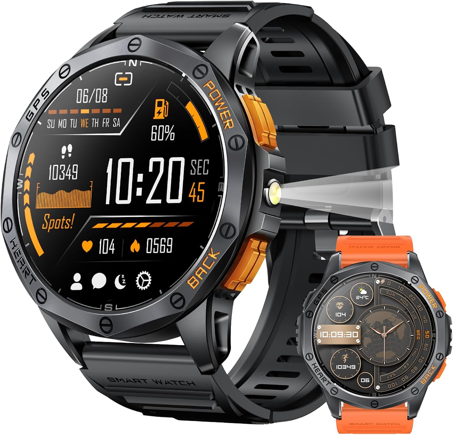 Military Smart Watches Built-in GPS, 170+ Sport Modes for Men with Flashlight, Smartwatch for Android Phones and iPhone, 1.43" AMOLED Screen, Bluetooth Calls Compass Altimeter Barometric Altitude - Image 2