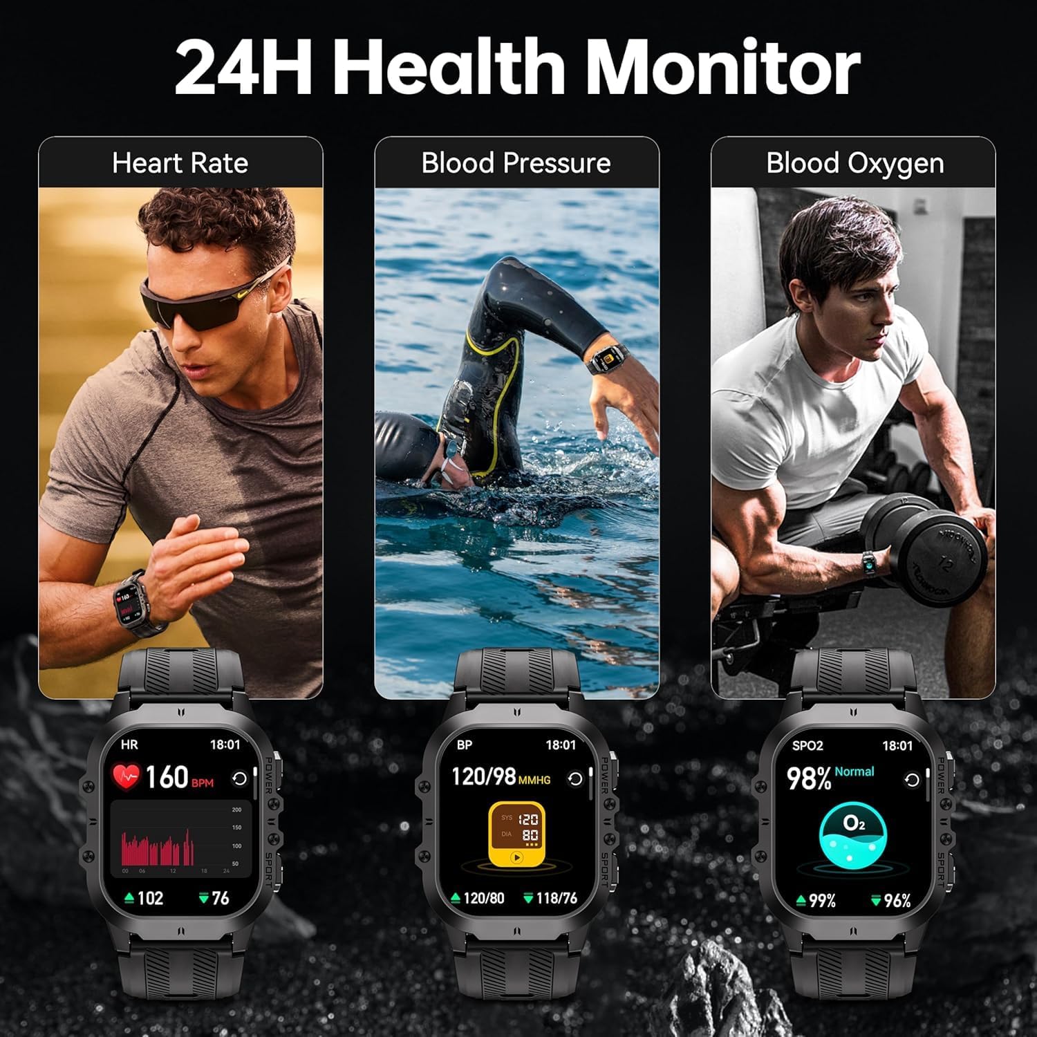 OUKITEL BT20 Military Smart Watch for Men,Fitness Tracker Smart Watches for Android/Phones,Bluetooth Call/Voice Assistant, Waterproof Rugged 1.96 Inch Touchscreen,100+ Sports Modes,24H Health Monitor - Image 7