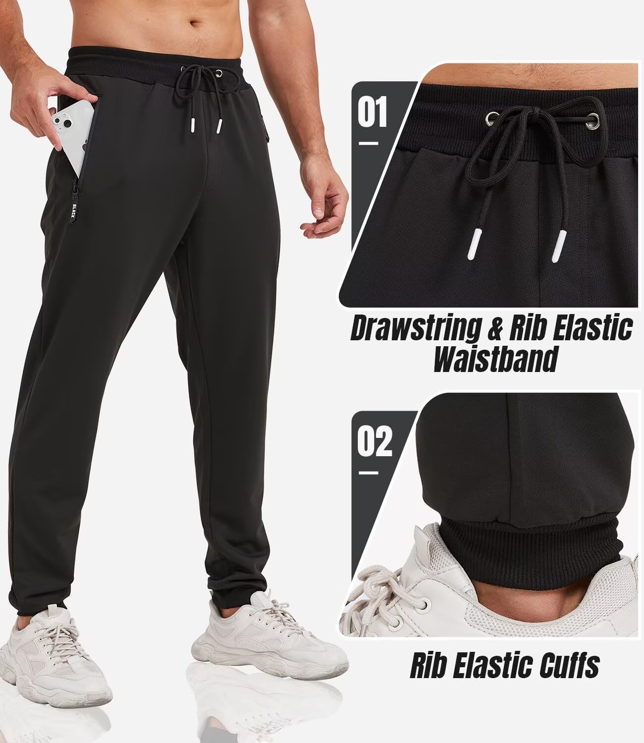 3 Pack Sweatpants for Men Tapered Mens Joggers Pants with Zip Pockets Fleece Slim Fit Workout Running Gym Sweat Pants - Image 4