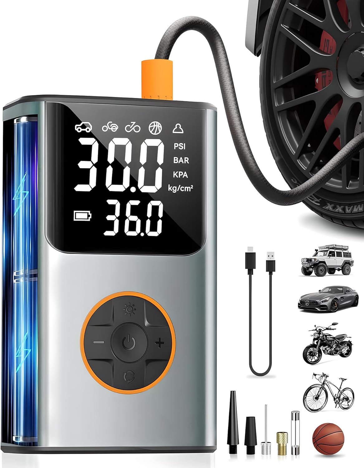 Tire Inflator Portable Air Compressor, Bike Pump, 150PSI Air Pump for Car Tires with LCD Dual Screen and Digital Tire Pressure Gauge, Air Compressor for Bicycle, Motorcycle, Compact Car, Ball - Image 2