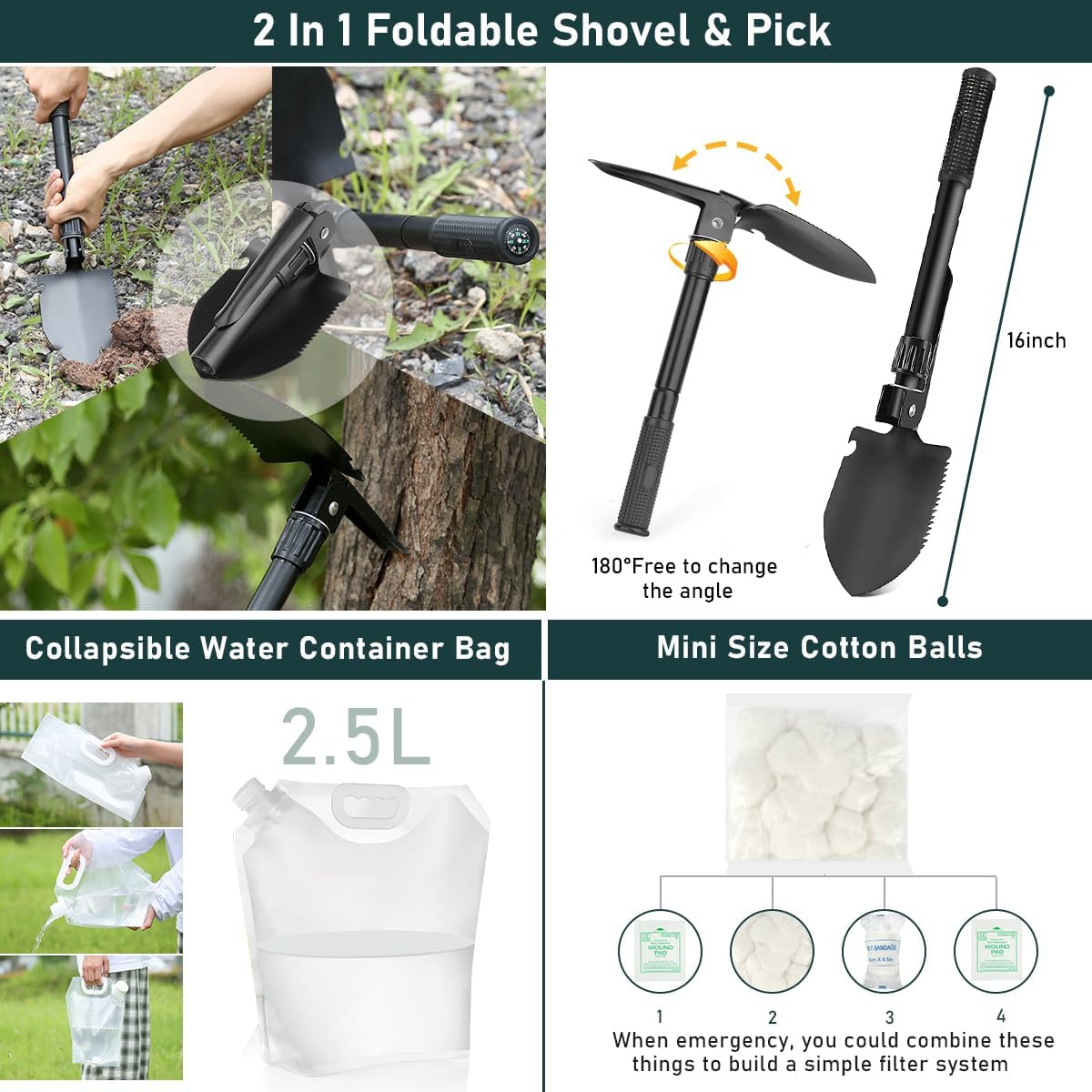 Survival Kit, 262Pcs Survival Gear and Supplies with First Aid Kit Pouch and Crossbody Bag, Emergency Kit with Tent, Camping Axe Hammer, Survival Shovel w/Pick, Bug Out Bag Gifts for Men Women - Image 5