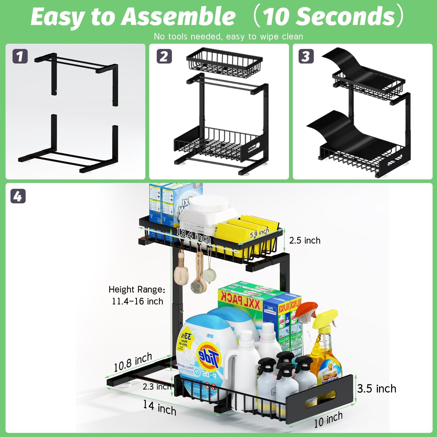 Under Sink Organizer, Adjustable Shelves, 2 Pack Pull Out Cabinet Organizer Slide Out Sink Shelf Cabinet Storage Shelves, Under Sink Storage for Kitchen Bathroom Cabinet - Image 8