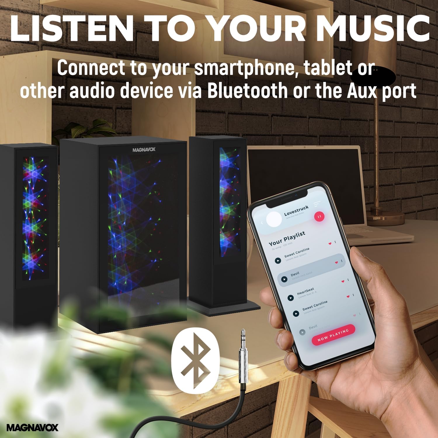 Magnavox MHT990 2.1 Home Entertainment System with Bluetooth Wireless Technology and Color Changing Lights in Black | AUX Port | Subwoofer with 2 Speakers | Pulsing Lights | - Image 5
