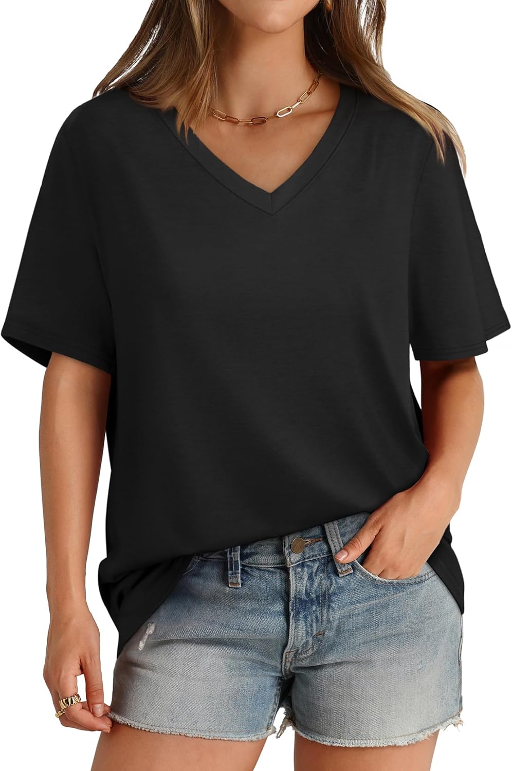 Aokosor Womens T Shirts V Neck Short Sleeve Casual Loose Tees Summer Tops 2025 Trending Now - Image 2