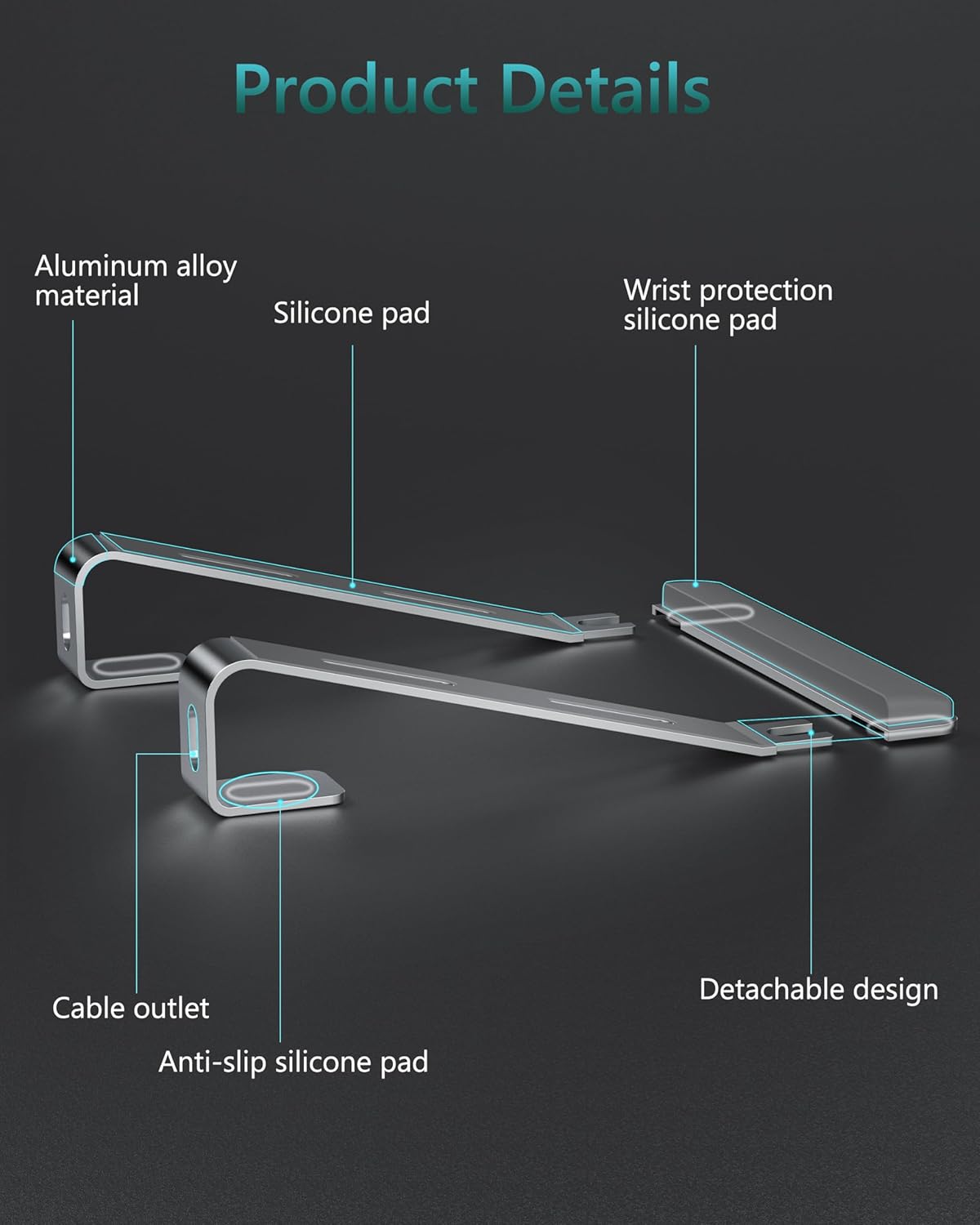 Laptop Stand for Desk, Aluminum Computer Riser with Wrist Rest Pad, Detachable Laptop Mount, Heavy Stable Laptops Holder for MacBook Air Pro, Dell, HP, 10 to 17 Inches Notebooks, Silver - Image 9