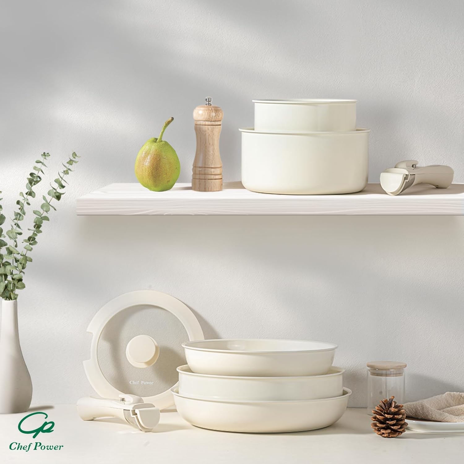 Chef Power Ceramic Cookware Set Non Toxic with Detachable Handles, Healthy Nonstick Pans and Pots Set 19 Pcs, Induction Dishwasher Oven Safe Kitchen Set, PFAS PFOA & PTFE Free, Cream White - Image 9