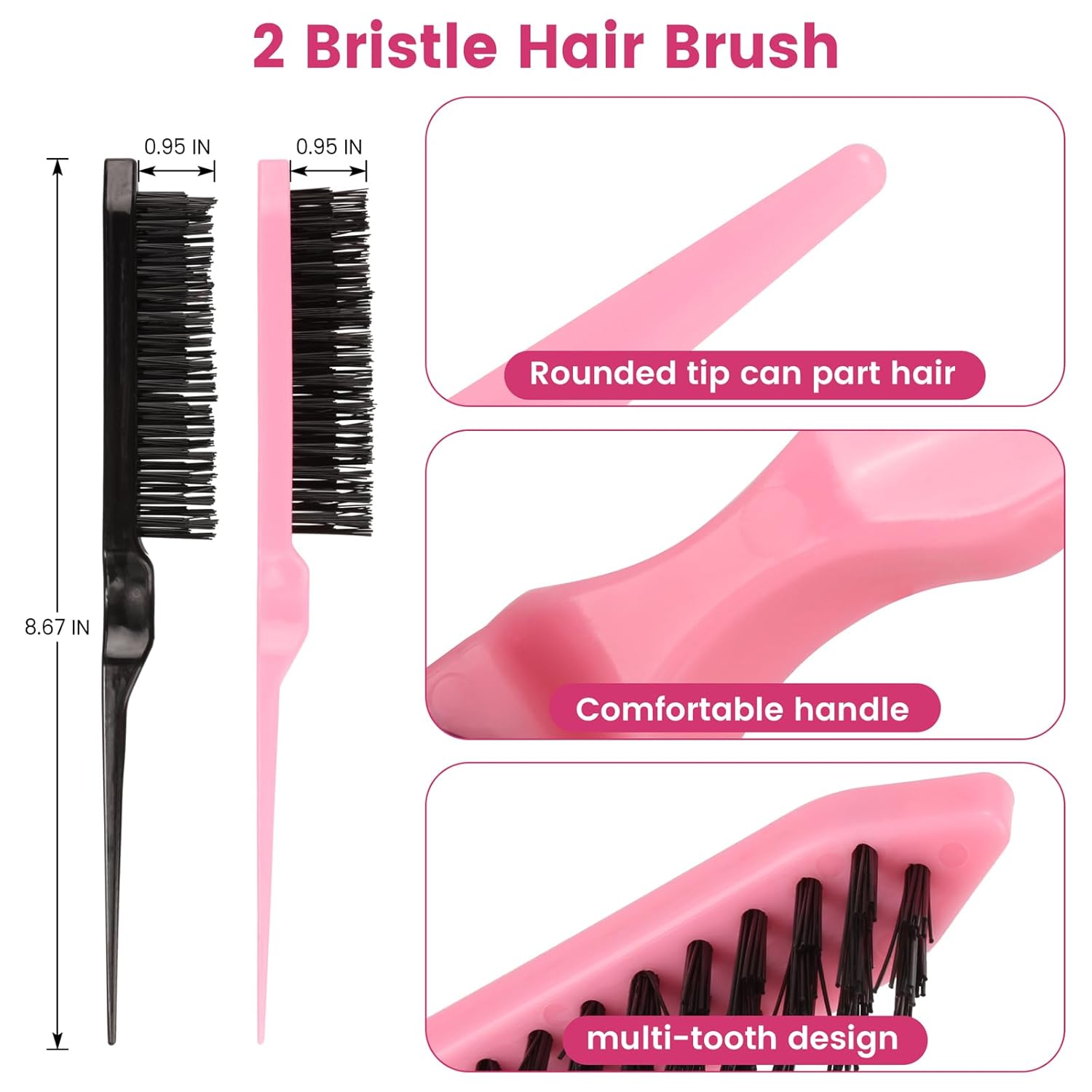 6 Pack Hair Styling Comb Set - 2 Slick Back Brushes, 2 Edge Control Brushes & 2 Rat Tail Combs for Parting, Controlling Flyaways & Smoothing Baby Hair (Black & Pink) - Image 6