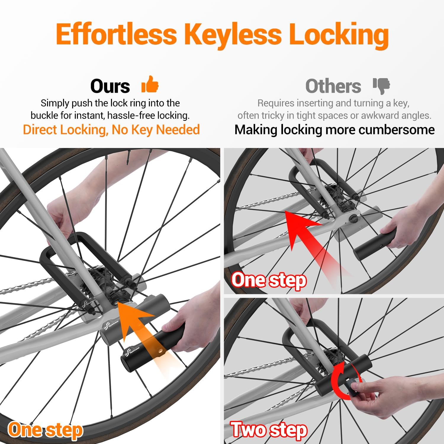 Sportneer Bike Lock: 18mm Heavy Duty Anti Theft Bike U Lock with 5ft Security Steel Cable - Shackle Bicycle U-Locks with 3 Keys & Sturdy Mounting Bracket for Road, Mountain, Electric & Folding Bike - Image 3
