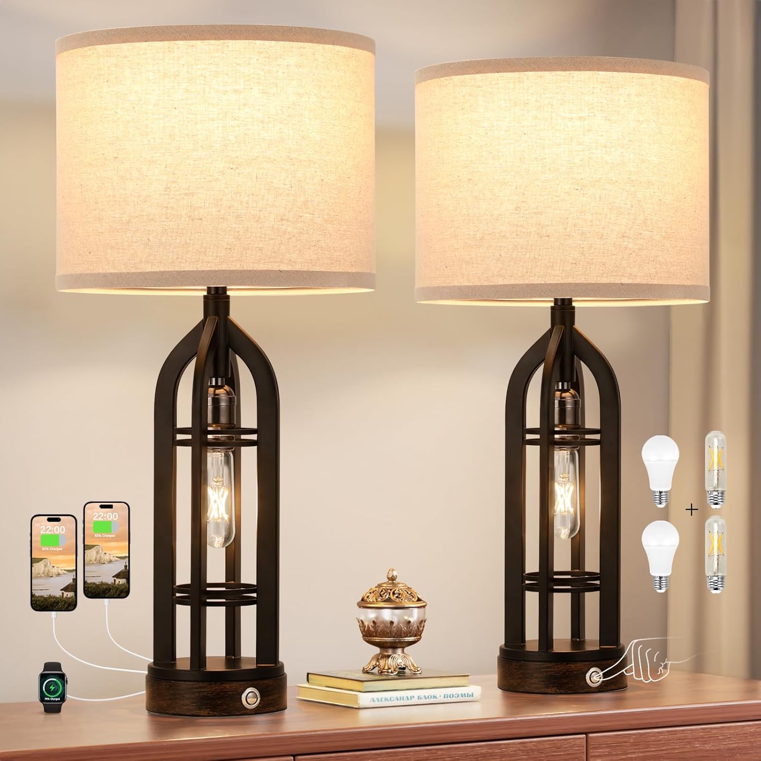 Seealle Table Lamps for Living Room Set of 2 - Bedside Lamp for Bedroom with USB C+A & Outlet, Farmhouse Lamps for Night Stands, 3-Way Dimmable Touch Lamps for Living Room - Image 2