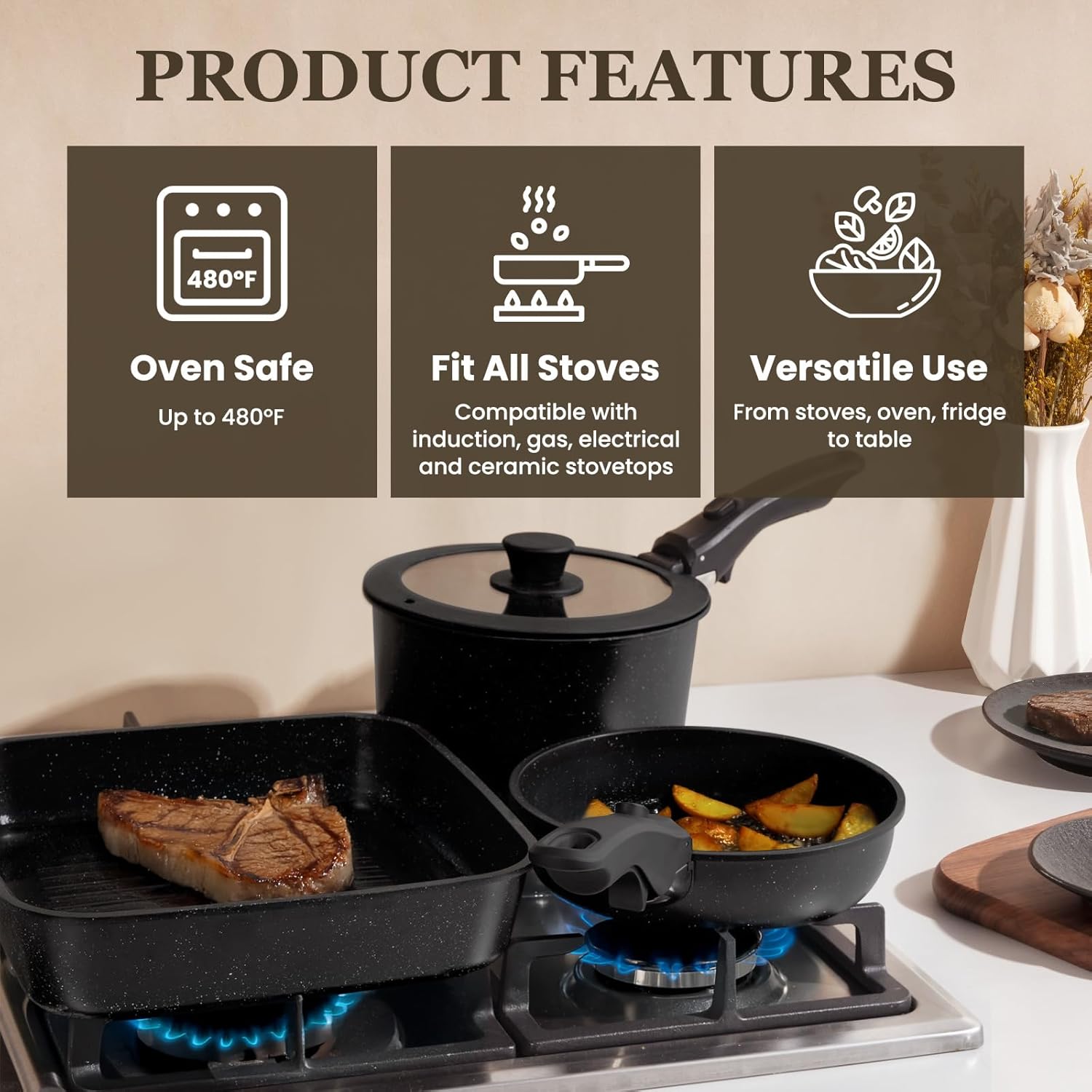 KIKCOIN 22 Pcs Pots and Pans Set Non Stick, Detachable Handle Cookware Sets Nonstick, Non Toxic Induction RV Kitchen Cooking Set with Removable Handles, Dishwasher/Oven Safe (Black) - Image 5