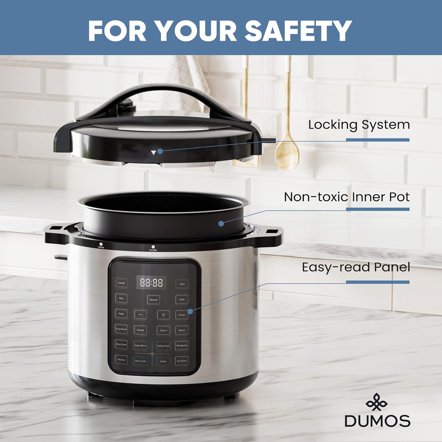 DUMOS 16-in-1 Electric Pressure Cooker 8 QT Stainless Steel Multi Cooker Electric for Pressure, Rice, Steamer, Yogurt Maker, Slow Cook,Meat Stew, Cake, Pasta, Multigrain - Image 9
