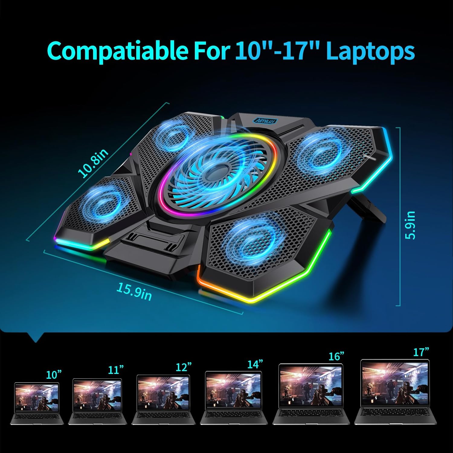 Laptop Cooling Pad, Gaming Laptop Cooler with 5 Quiet Fans and LED Lights (One-Click Close), Laptop Fan Cooling Pad Fits 12-17 Inch Laptop, 7 Adjustable Height - Image 8