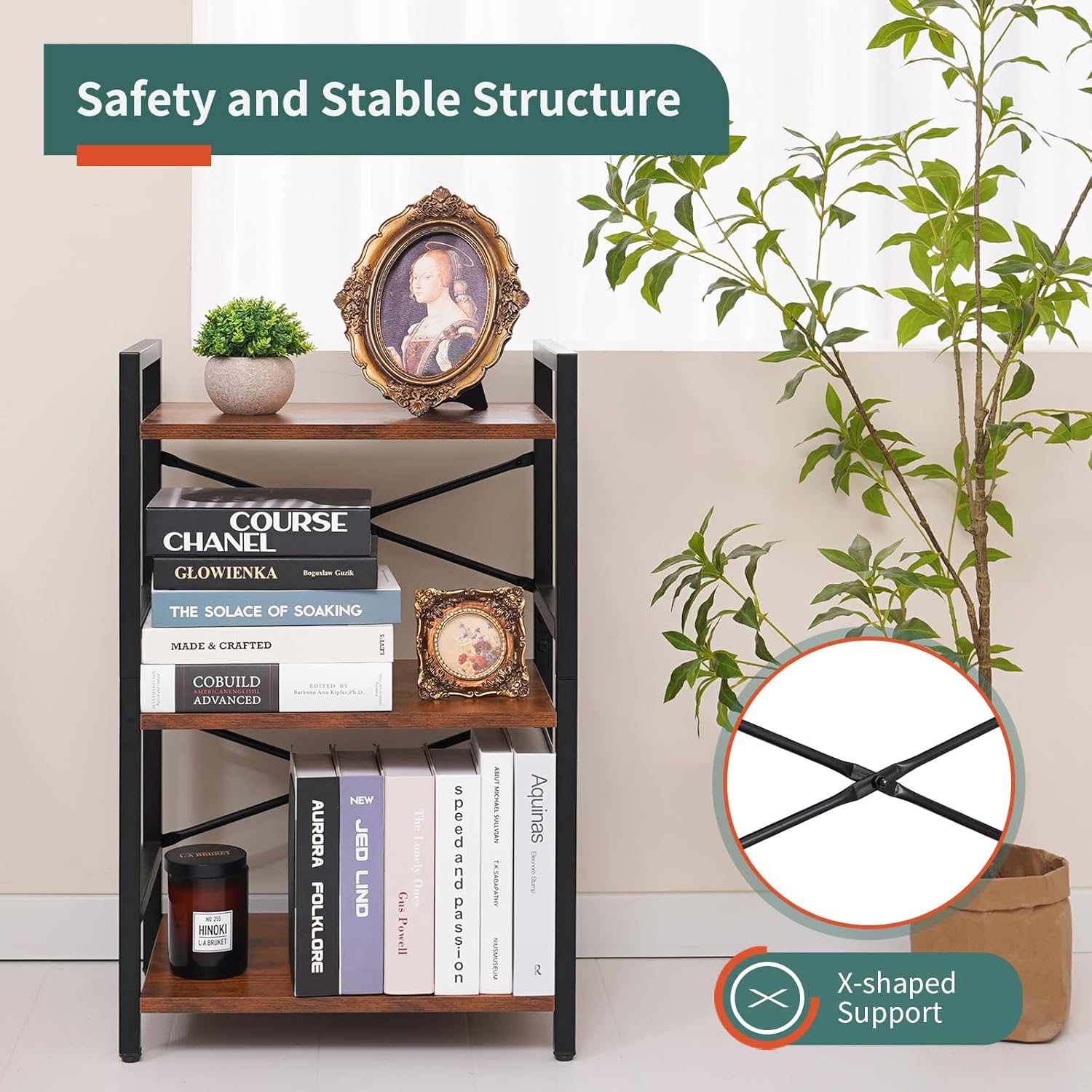 Yoobure Bookshelf Small Book Shelf, Solid Industrial 3 Tier Shelf Bookcase, Short Book Case for Bedroom, Living Room, Office Home, Small Spaces, Berry Brown - Image 6
