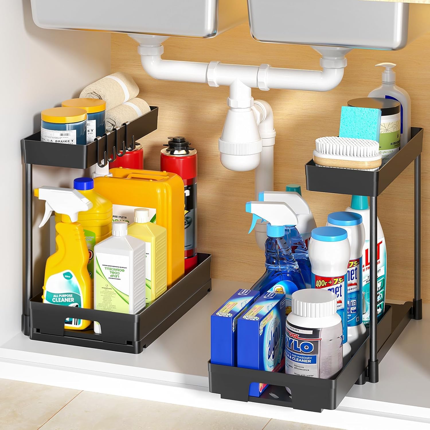 2 Pack Under Sink Organizers and Storage, 2 Tier L-Shape Pull Out Under Cabinet Organizer, Black Under Bathroom Kitchen Sink Organizer with Drawer for Under Counter Storage Organizer - Image 10