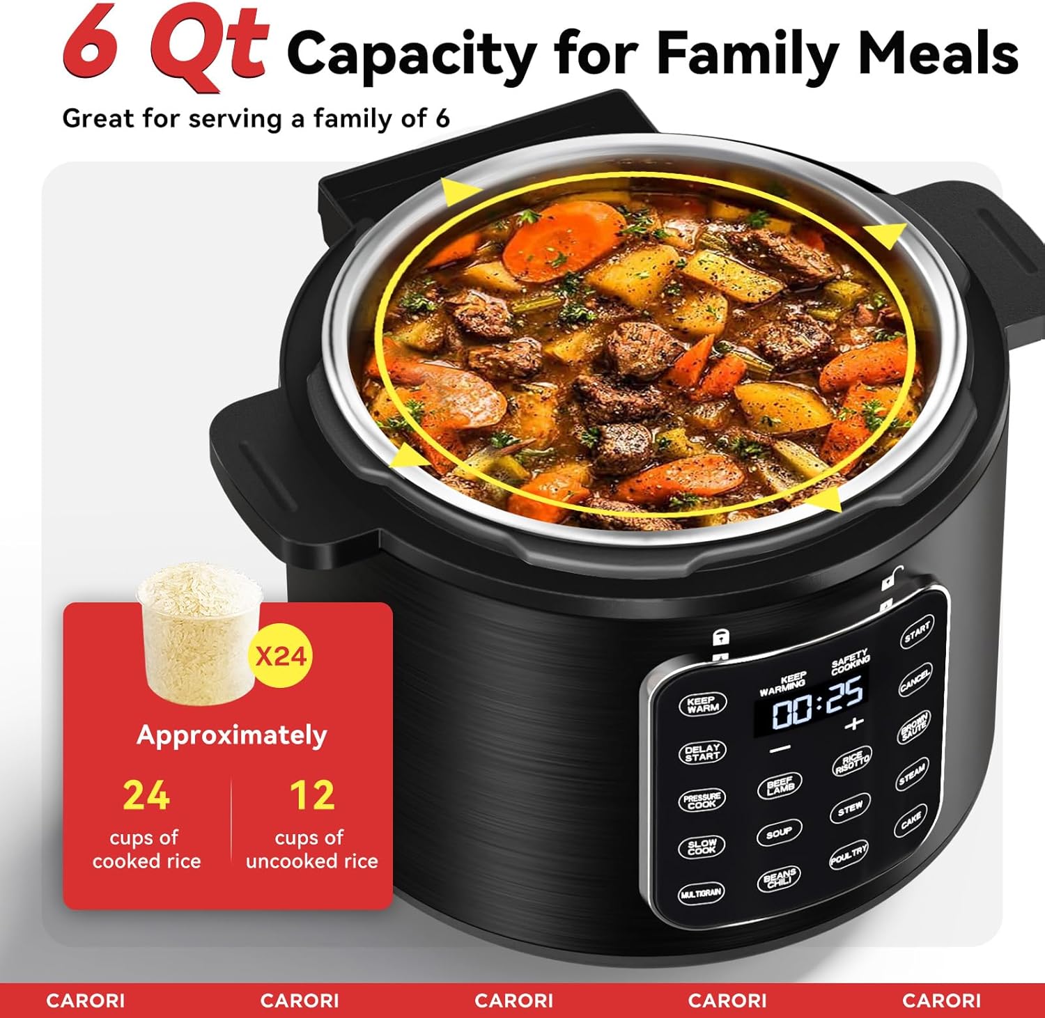 9-in-1 Electric Pressure Cooker 6 Qt, Stainless Steel Inner Pot, Programmable 12 Multi-Function Cooker with Safe Vent Design, Rice Cook, Slow Cook, Sous Vide, Sauté, Warmer & Sterilizer, Black - Image 4