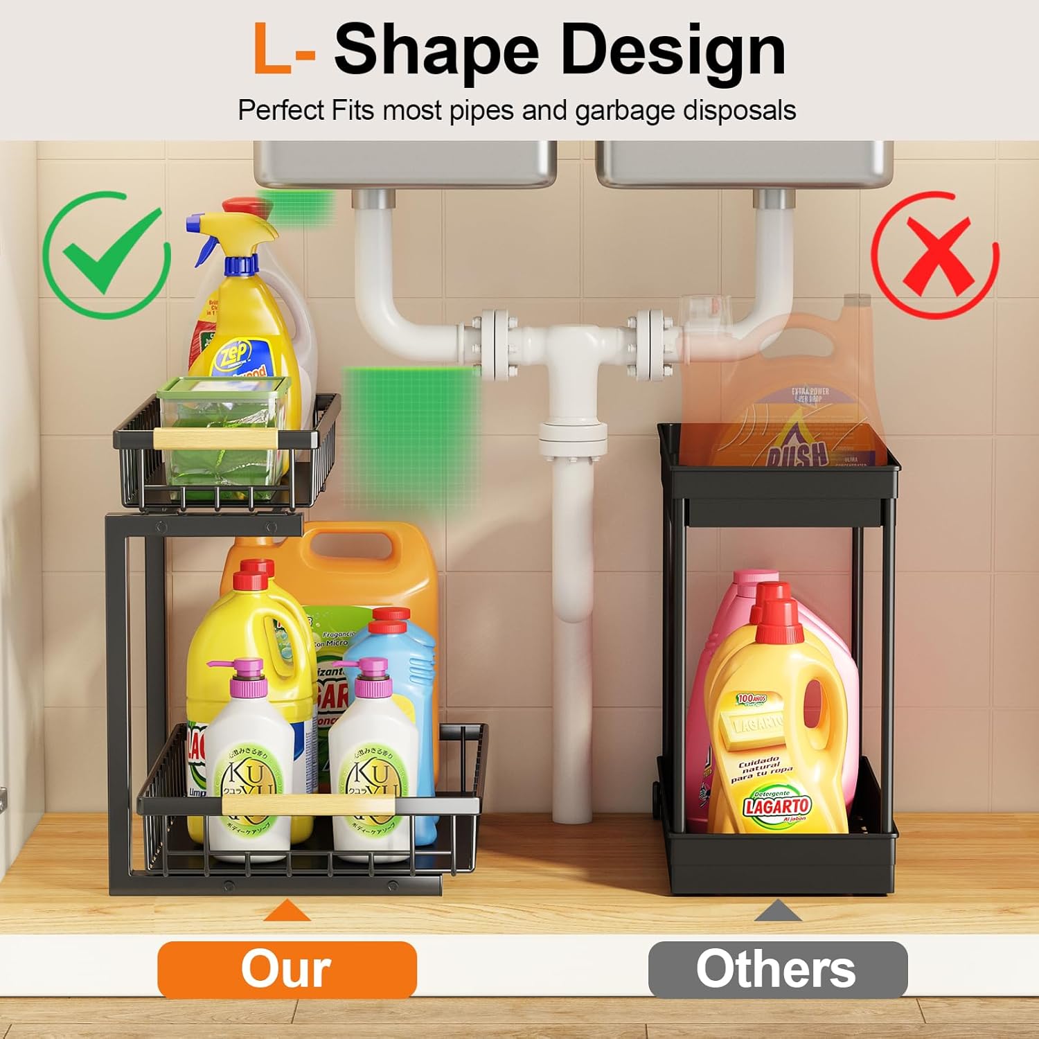 Under Sink Organizer and Storage, 2-Tier Pull Out Cabinet Organizers Shelf, Metal Sliding Drawers Shelves for Kitchen Bathroom Closet Organization, 2 Pack - Image 3