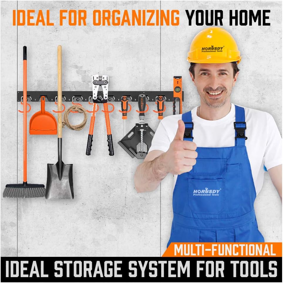 HORUSDY 64 Inch Adjustable Storage System, Wall Mount Tool Organizer, Tool Hangers for Mop and Broom Holder Shovel, Rake, Broom, Mop Holder, Etc - Image 7