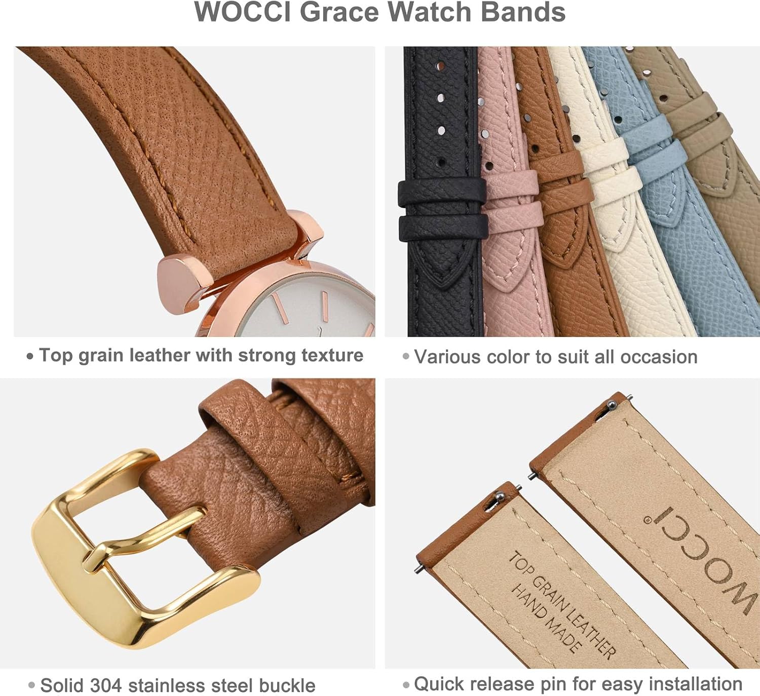WOCCI 16mm Grace Watch Band for Ladies, Top Grain Leather, Quick Release Replacement Strap with Gold Buckle (Brown) - Image 5