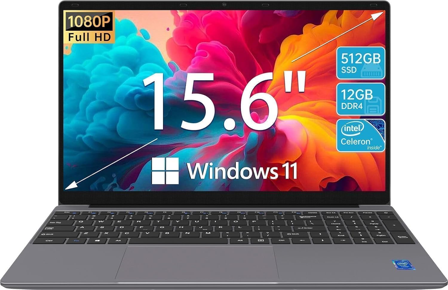 Laptop Computer 15.6'' HD Display, Intel UHD Graphics, Intel Celeron N5095 4-Core Processor, 12GB RAM, 512GB SSD up to Expandable 1TB, WiFi, 180°Open Angle, Windows 11 Laptop, Gray - Image 2
