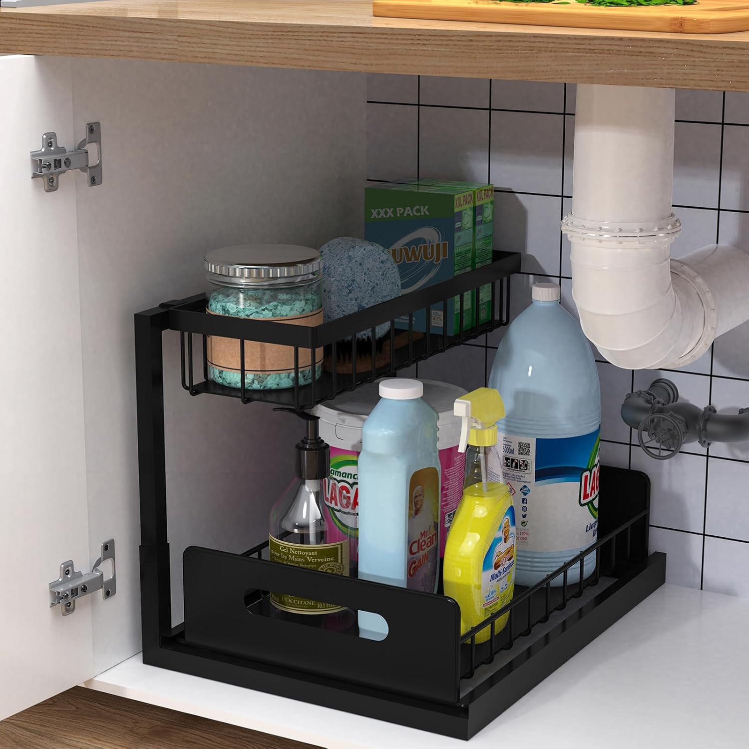 bukfen Under Sink Organizer, Pull Out Cabinet Organizer 2-Tier Slide Out Sliding Shelf Under Cabinet Storage Multi-Use for Under Kitchen Bathroom Sink Organizers and Storage - Image 2