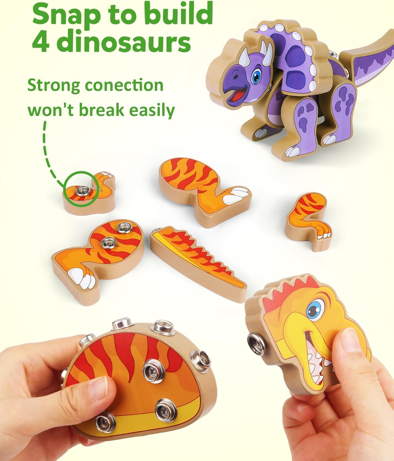 Coogam Build Your Own Dinosaurs Toy, Snap Together Building Dinosaurs Playset, Wooden STEM Take Apart Dinosaur Builder, Montessoi Fine Motor Building Toy Gift for 3 4 5 Years Old Kids - Image 3