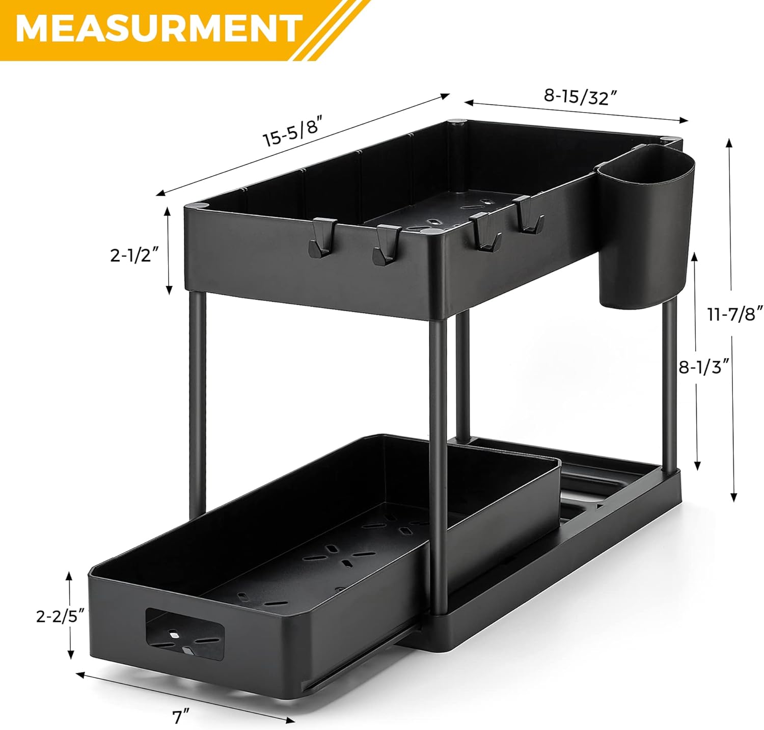 Ravinte 1 Pack Pull Out Under Sink Organizer 2 Tier Multi Purpose Sink Organizers Storage For Bathroom Kitchen Sink Storage Organizer With Hook & Hanging Cup Matte Black Sliding Cabinet Organizer - Image 4